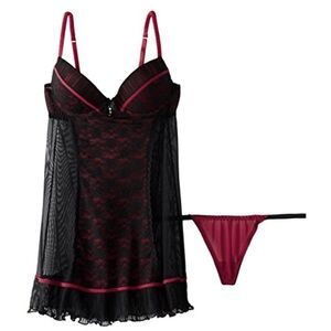 Women's Katrina Molded Cup Stretch Lace Babydoll W/Pleated Mesh Trim Cinema NWT